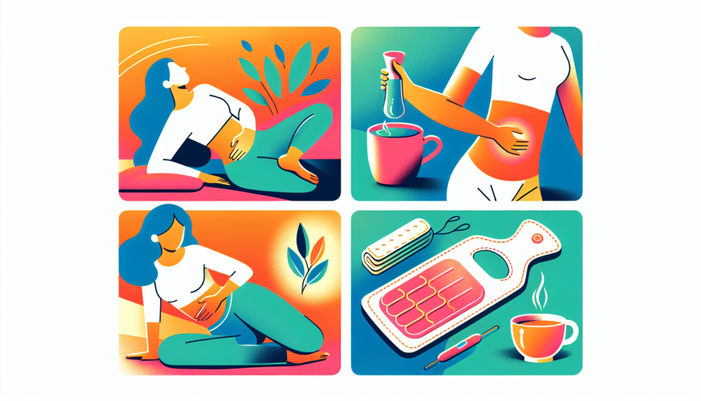 A modern, colorful illustration displaying methods to alleviate menstrual pain. The image should include visuals of a female doing yoga, a hot water bottle placed on the lower abdomen, someone drinking a soothing cup of herbal tea, and an individual in a relaxed position with a heating pad. The style should reflect a breezy color palette, using cheerful and illuminating shades.