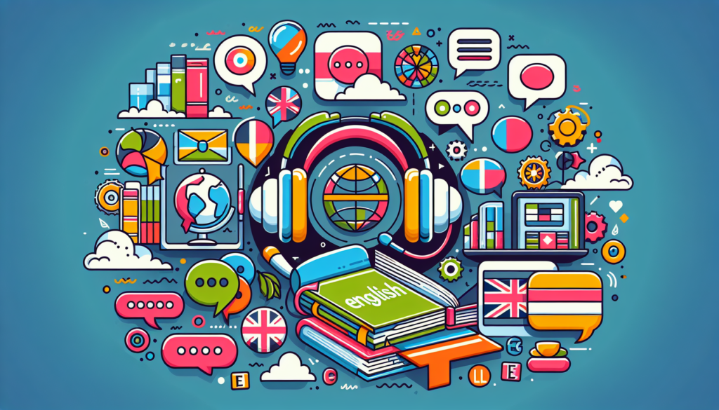 Create an illustration depicting the process of learning English effectively. The image should focus on visual symbols associated with language learning, such as books, headphones for listening practice, various international flags, dialogue bubbles, a globe, an electronic device for online learning, and letter blocks. Make it colorful with a modern style, without any words or texts.