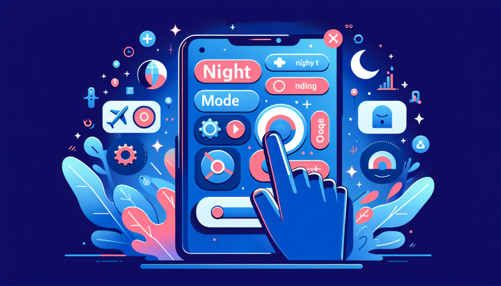 Illustrate a modern and colorful step-by-step guide showcasing how to activate the night mode on a generic social media platform. Use universal symbols and gestures, such as toggles and finger tapping on a digital screen. Please don't include any text in the image.