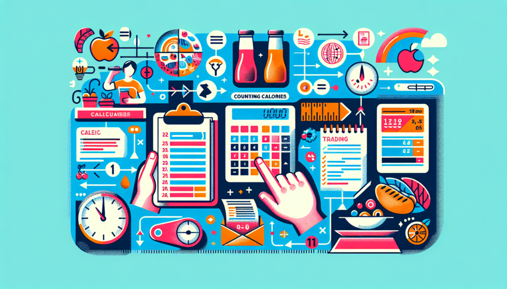 An illustration showing the process of counting calories in a colorful and modern style. The design could include a person reading the nutritional facts on the back of a food product, a calculator for adding up the calories, a scale for measuring food, and a notebook for tracking everything. Visual cues such as arrows and icons could be used to guide the viewer through the steps.