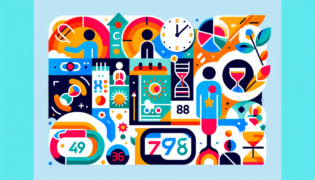 Create an image that provides a colorful and modern illustration of how to calculate age easily without any text. This depiction should be intuitive and symbols-based, using common visuals like calendar pages, a person growing from a child to an adult, an hourglass, or a sun setting and rising to imply the passing of time. Mainly vibrant colors and simple, sleek shapes should be used, and the overall layout should be fresh and up-to-date.