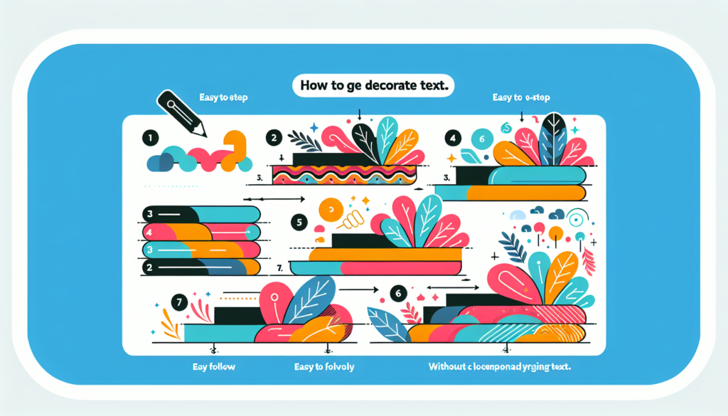 Create a step-by-step, modern and colorful illustration demonstrating how to easily decorate text. The guide should be easy to follow and visually engaging, utilising various bright colors and contemporary design cues. Please make sure the tutorial is purely visual without any accompanying text.