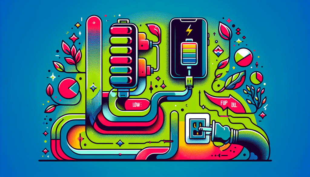 Create an illustration that depicts the process of charging a mobile phone with no wording. The image should be vibrant and use a modern design style. From plugging a charger into an electrical wall outlet to connecting the other end to a mobile phone. The definition of battery level symbols from low (red) to full (green), including some abstract depictions of electrical energy flow can also be included.