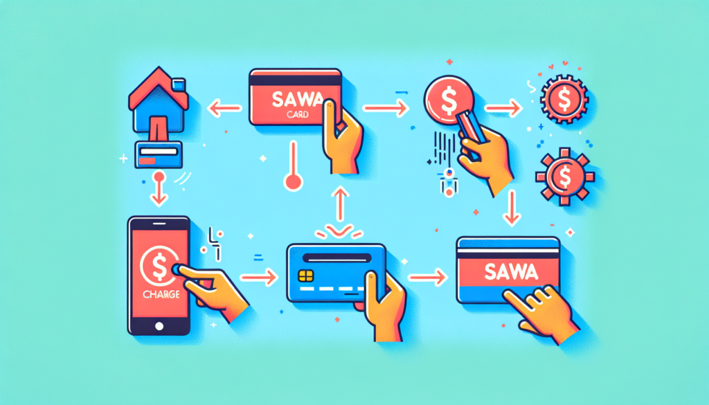 Create an image that illustrates the process of charging a Sawa card in an easy, step-by-step manner. The image should not contain any text, but instead use simple and universally recognized symobols to guide the process. The style should be modern and the color scheme should be bright and vivid.