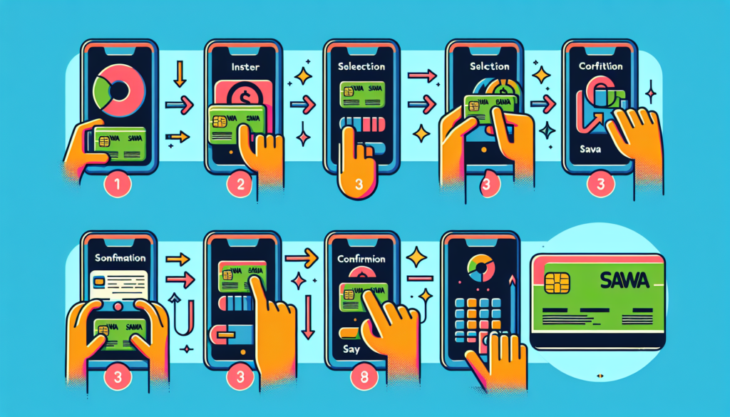 Create a step-by-step illustration depicting the process of recharging a Sawa card. Ensure the illustration is colorful and portrays a modern style. The image should not contain any words. Each step should be clearly identifiable, displaying the progression from inserting the card, to the selection process, the confirmation of the action, and finally, the re-charging phase.