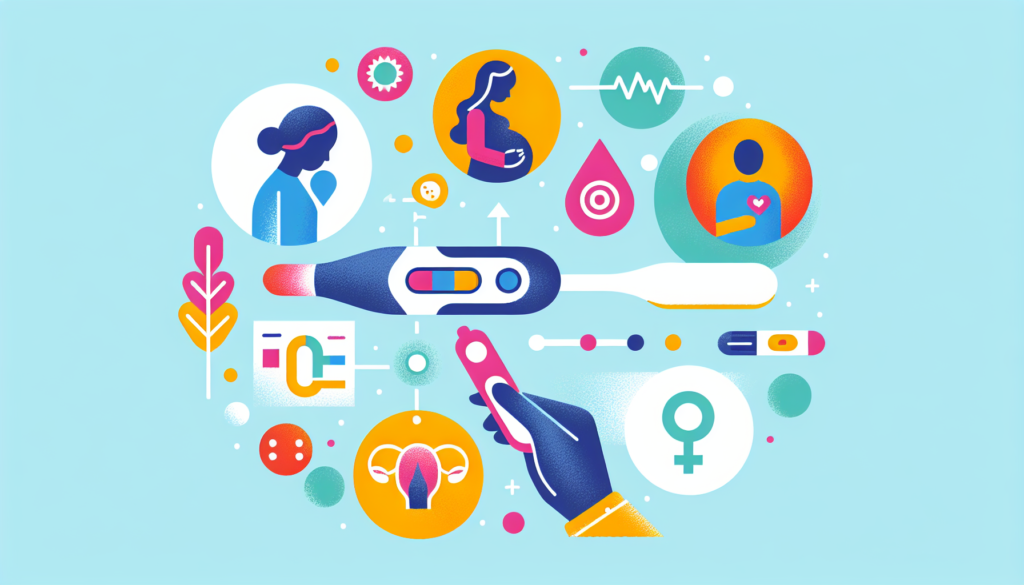 Create a colorful and modern illustration that shows the process of determining pregnancy before the expected date of the menstrual cycle. Use symbols or clear visual cues to represent common early signs of pregnancy, testing methods, and emotional responses. Note: the illustration should not contain any text.