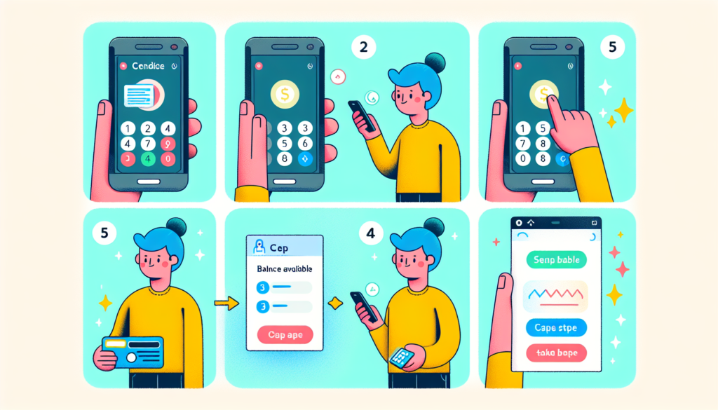 A detailed and colorful illustration in a modern style showing a simple procedure. Step 1: A person holding a mobile phone. Step 2: The person is dialing a specific code on the mobile phone's screen. Step 3: A message popping up on the mobile phone's screen showing the balance available. Step 4: The person looks pleased seeing the balance information. Make it gender and descent-neutral.