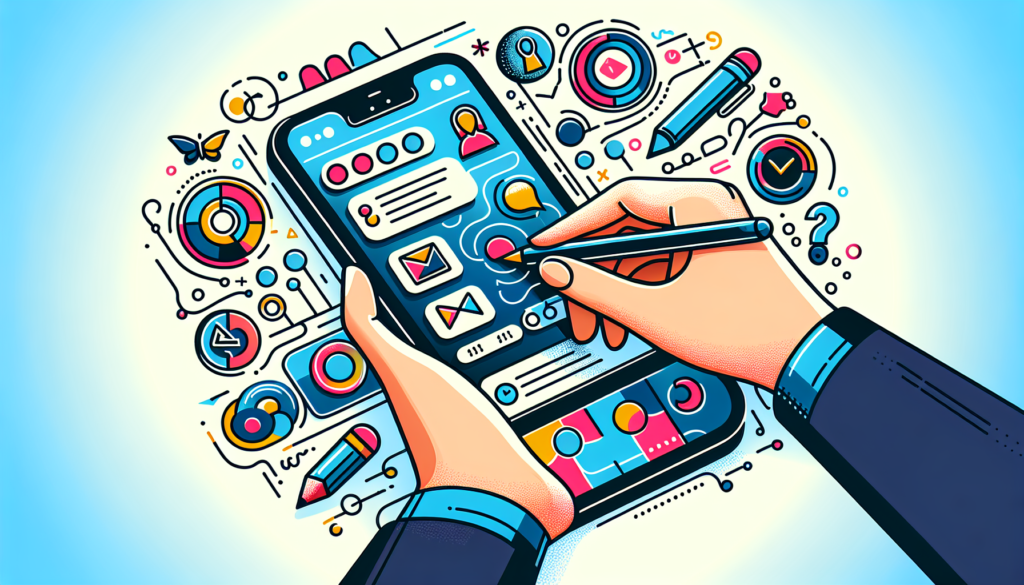 Draw a modern and colorful step-by-step instructional illustration showing how to locate your phone number on a mobile device. There should be no text, only visual elements such as an abstract smartphone display, fingers navigating the interface, and symbols representing successful outcomes.