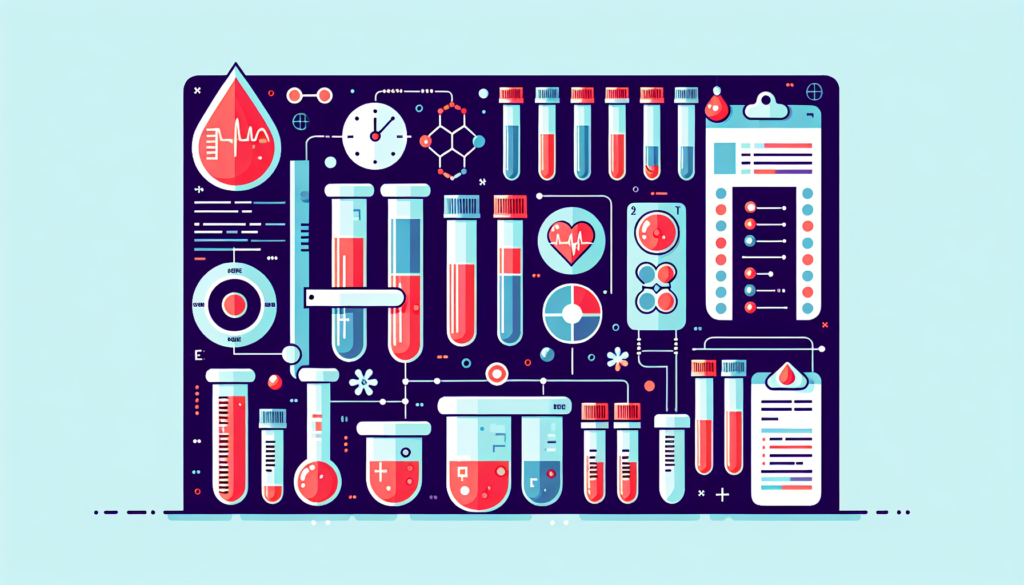 Create a colorful, modern style illustration showing the process of determining blood type. Include visuals of a blood sample, test tubes, the reactions with different antigens, and a chart showing the possible blood types. However, it should have no words or text on it.