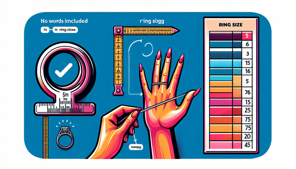 Create a modern and colorful illustration showing the simple process of determining ring size. Showcase a hand with a measuring tape around the ring finger, then a detailed drawing of a ring sizer tool and finally, a ring chart showcasing the various ring sizes. Remember, no words included in the illustration.