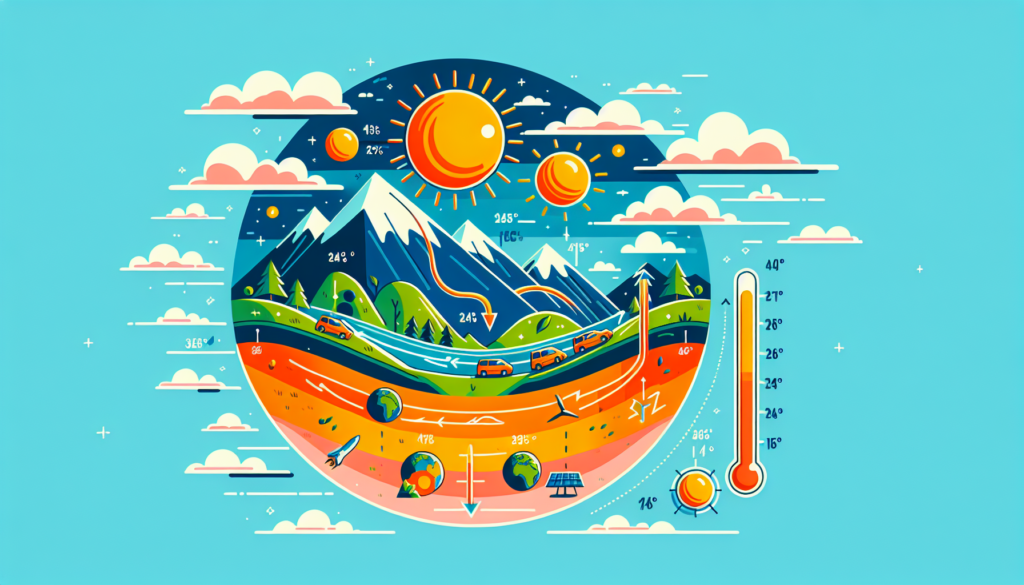 Create an illustration that visually explains why air temperature changes throughout the day. The composition should be colorful and designed with a modern aesthetic. Show the sun in different positions in the sky and how it influences the heating of the earth's surface and consequently, the air temperature. Please avoid including any words or text in the image.