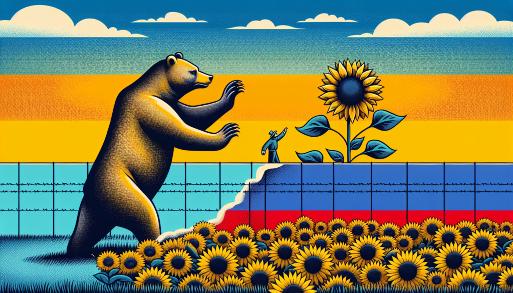 Illustrate a symbolic representation of a large nation depicted as a bear reaching towards the boundaries of a smaller nation depicted as a sunflower field, on a colorful and modern backdrop. No text included.