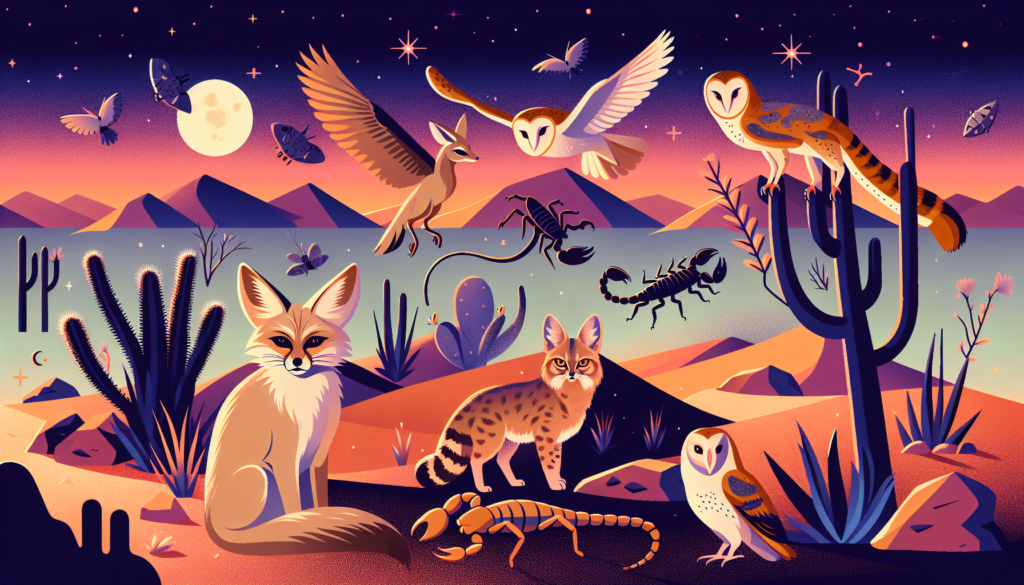 Illustrate a nocturnal scene in the desert where desert animals are active. Show various species like the fennec fox, gerboa, scorpions, and owls. The style should be modern, with vibrant and bold colors. Please make sure no words are included in the image.