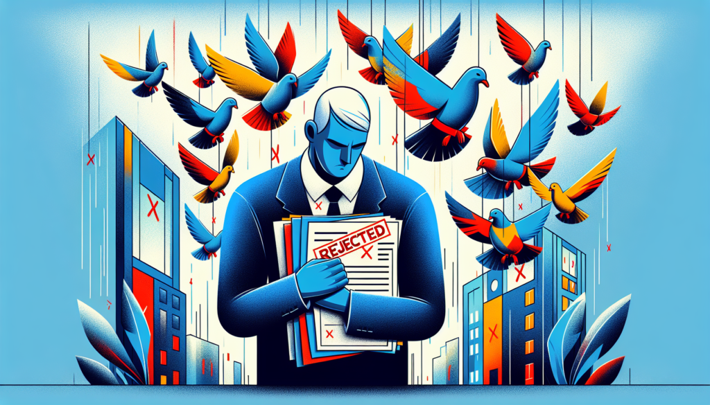 An imaginative, colorful, and modern styled illustration depicting the scenario of a pigeon breeder's certificates being rejected. This abstract concept may be portrayed as a figure who appears disheartened, holding numerous certificates with visible red cross marks or 'rejected' labels, in front of a flock of well-cared pigeons. The background can carry the vibe of a modern city to emphasize the freshness of the style.