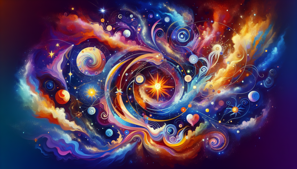 An abstract, contemporary, and colorful illustration that depicts various theories and philosophies about why the stars were created, according to various cultures and religious beliefs. This can include various celestial bodies, brightly shining stars, swirling galaxies, and possibly wisps of cosmic energy. Remember, use a modern art style with vibrant colors and no text.