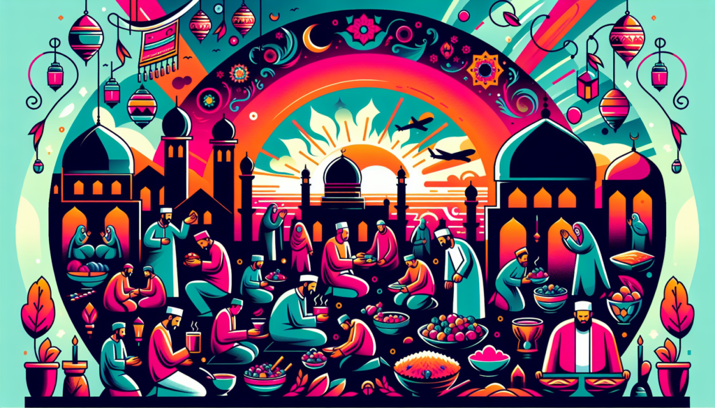 Create a vibrant, modern illustration depicting the traditions and events associated with the fasting of 'Ashura', without including any text. The image may include illustrations of people in diverse depictions observing the fast, together with symbolic elements related to the day, such as a sunset indicating the end of the fasting period.