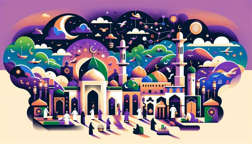 Create a modern and colorful illustration without text that depicts the significance of the day of Arafah, a key event in the Islamic calendar, explaining through symbolism and metaphors why it's named that way.