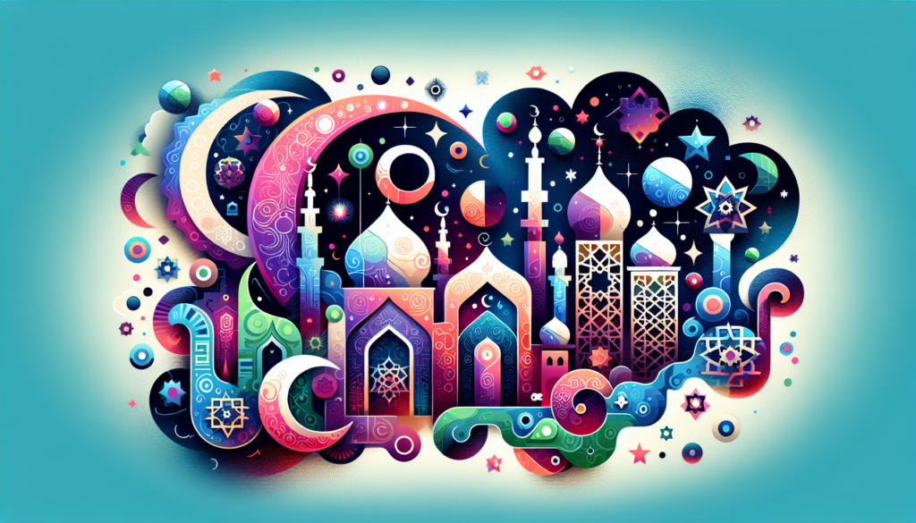 An abstract, modern, and colorful illustration representing the concept of 'Night of Power' from Islamic tradition. Please include various symbolic elements like crescent moons, starry skies, and ornate gates, all in vibrant hues and depicted in a contemporary style. Ensure that no words or text is present, only illustrative elements.