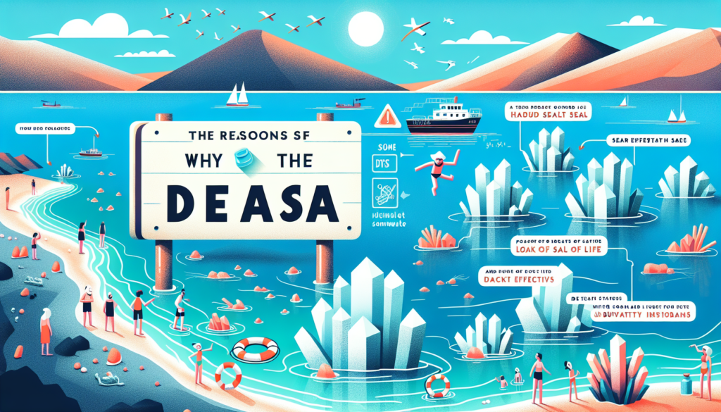 Illustration depicting the reasons why the Dead Sea is named so. The image should be a depiction of the Dead Sea as a large body of saltwater with no visible marine life due its high salinity. Depict crystal formations of salt along the shorelines and people floating in the water without any effort due to its density. Add various signs around the sea indicating its unique qualities such as high salt content, lack of life, and buoyancy effects. The style should be modern and highly colorful.