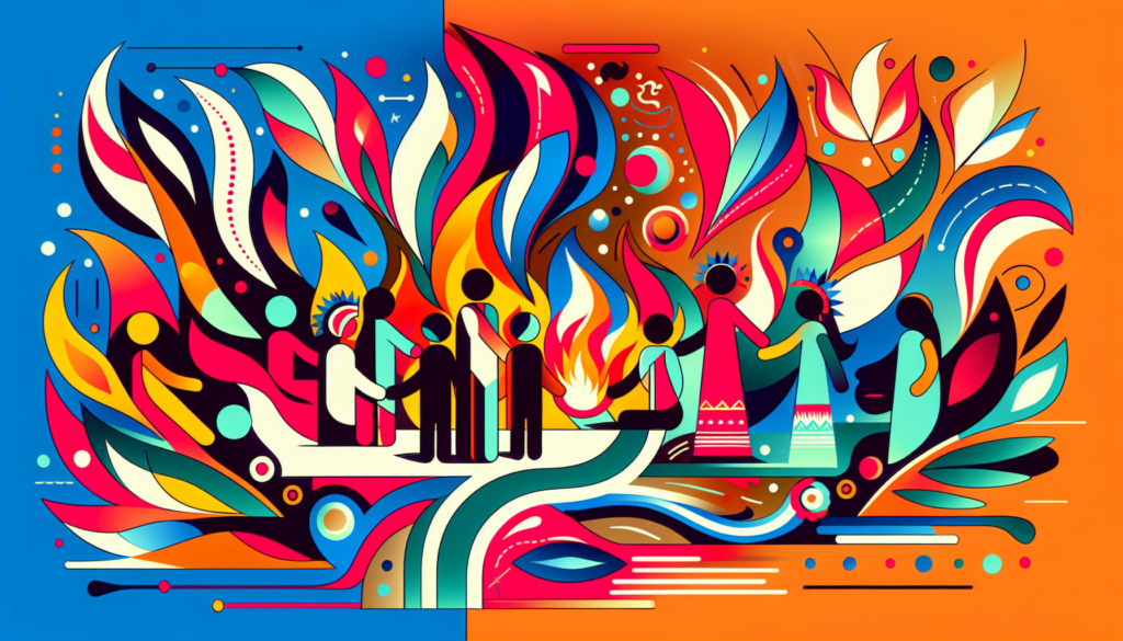 An illustrated colorful modern artwork representing the concept of a tribal community not engaging in matrimony with a community depicted as flames. Using vibrant colors and abstract shapes to depict the distinct communities and their decisions not to intermix.