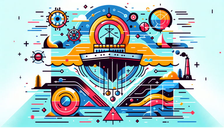 Create a colorful, modern-style illustration that visually explains why ships do not sink. The image should use visual metaphors and symbols to depict the principles of buoyancy and displacement, the ship's hull design, and the water's supportive force.
