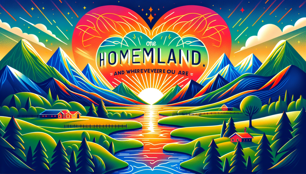 A vibrant, modern illustration symbolizing the love for one's homeland. The scene should feature a beautiful landscape of lush green fields, tall majestic mountains, a serene river flowing through the land, and a brilliant, warm sunrise in the background. Irrespective of our differences and wherever we are, the homeland holds a special place in all our hearts.