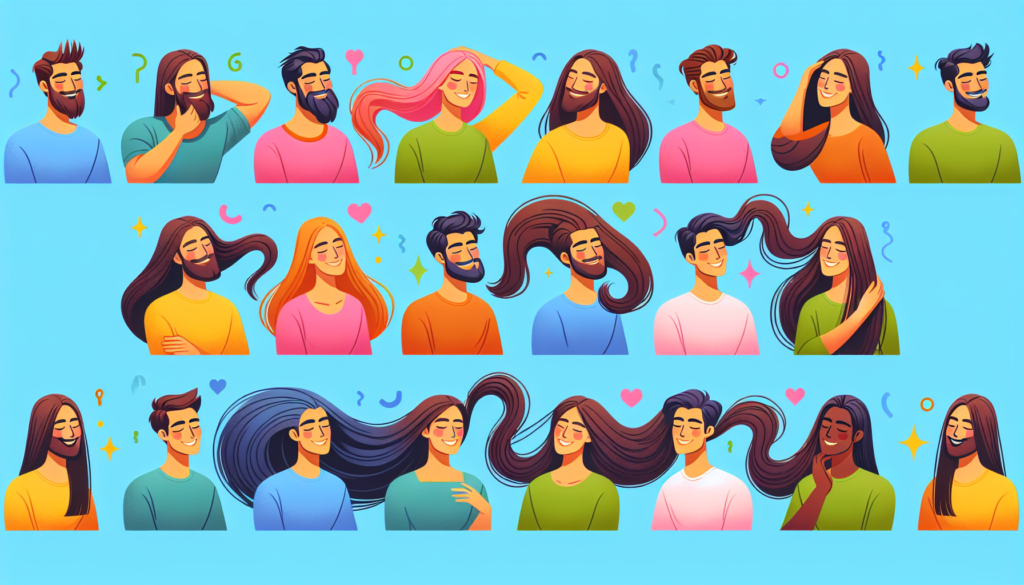 Create a modern and colourful illustration that depicts the concept of men preferring long hair, without using any words. The image should include a selection of men with different ages, races, and styles reacting positively to various different women who all have long hair.