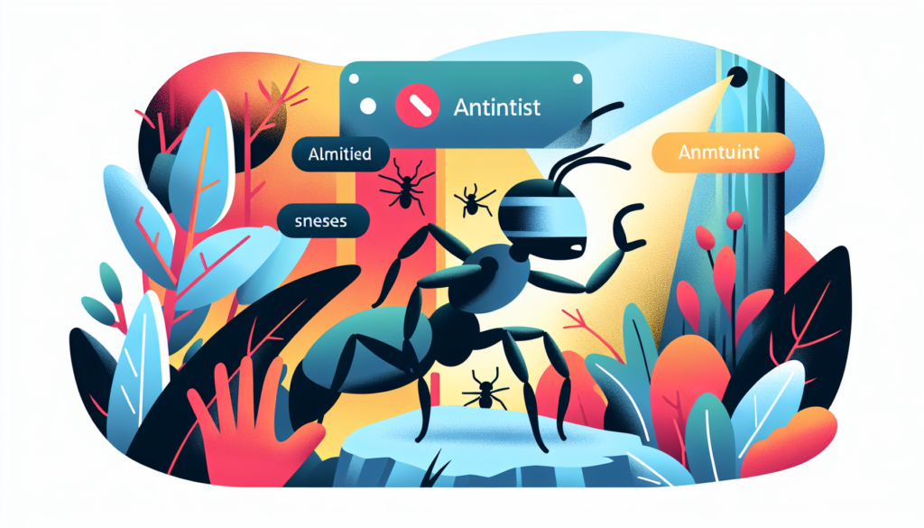 A colorful, modern-style illustration of a scene showing a partially blind ant warrior engaged in its environment. Evoking a sense of action and adventure, the image features the ant navigating its surroundings with limited vision, using alternative senses such as touch and smell to interact with its world.