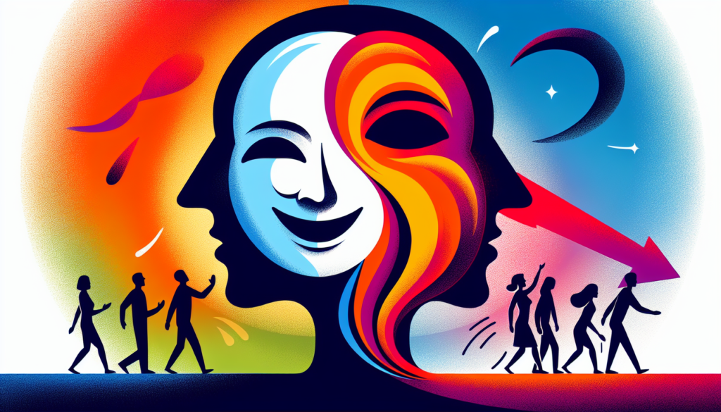 An abstract, modern and colorful illustration outlining the concept of hypocrisy. In the center, silhouette of an individual with a two-faced mask, showing different emotions. On one side, a cheerful, friendly expression, while the other side exhibits a grim, dishonest face. People are shown moving away from this central figure, expressing feelings of distrust and discomfort. The colors are bright and vibrant, creating a stark contrast against the darker tones used for the hypocritical individual.