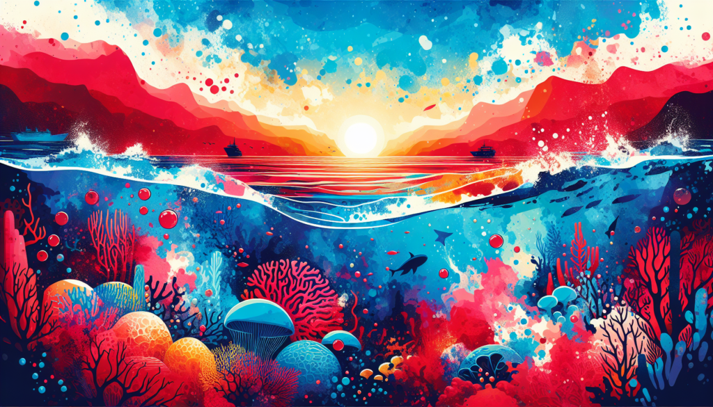 Create an abstract and modern illustration presenting the Red Sea's unique features. Show vibrant tones of blue water interspersed with streaks of bright red to signify its name. Include elements like colorful coral reefs, diverse marine life, and occasional sunken shipwrecks at the sea-bottom. on the horizon, showcase a golden sunset mingling with the red sea tones, creating a beautiful fusion of color. The style should be vibrant and fresh, bringing a modern feel to the traditional seascape scene.