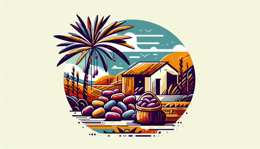 Create a modern, colorful illustration that symbolizes how dates, commonly referred to as 'the food of the poor', are perceived. Show a bounty of dates against the backdrop of a humble setting, perhaps a simple, impoverished home or a desert scene with sparse vegetation. The image should evoke the idea of scarcity contrasted with the rich, nutrient-packed dates providing sustenance.