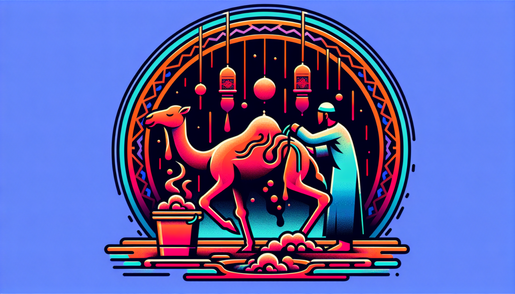 Create a vibrant and modern illustration depicting the ritual of cleaning oneself before prayer (wudu) being invalidated by the consumption of camel meat, within the context of Islamic jurisprudence. The illustration should be entirely symbolic, without any textual elements included.