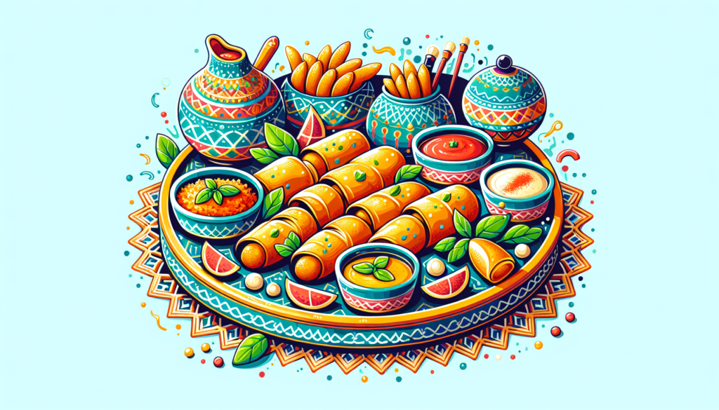 A colorful modern illustration of a traditional Arabic dish known as Mubatten, consisting of fried rolls stuffed with potato, cheese and spices. Display it in an appealing manner, perhaps arranged on a decorative platter with some sides and garnishing