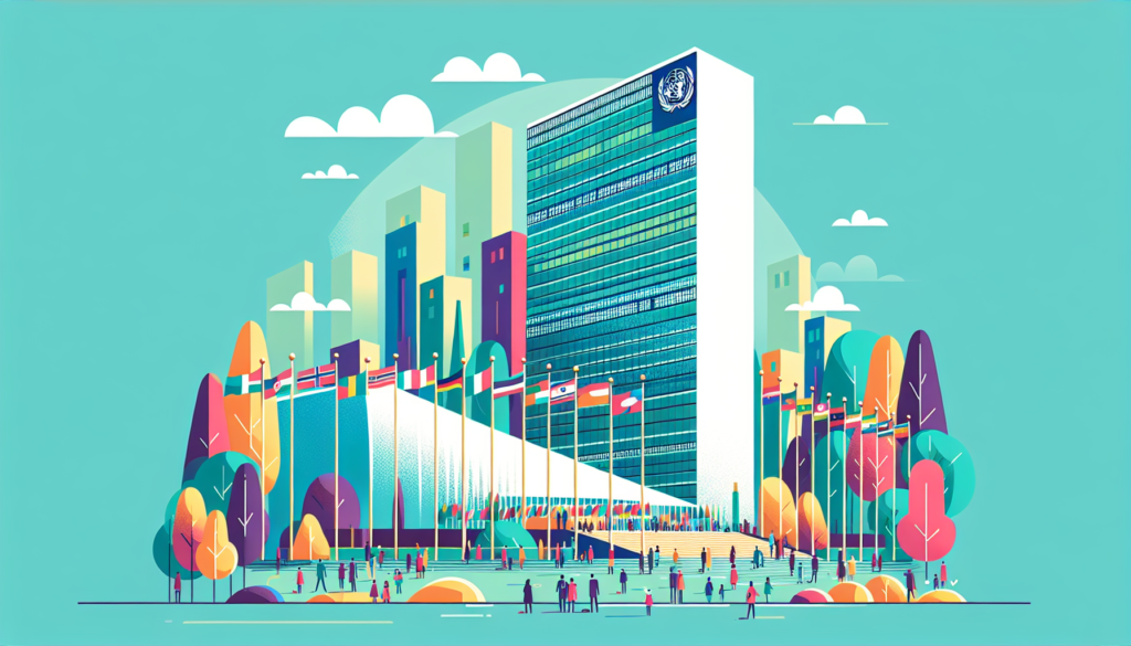 Illustration of a modern and colorful depiction of the United Nations building. The scene should contain the iconic building with flagpoles displaying flags from around the world. Include diverse representations of people standing around or walking near the building, symbolizing the unity and multiculturalism the organization stands for. Use vibrant colors to enhance the modernity and optimism of the image.