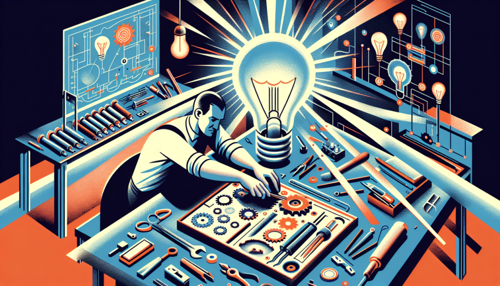 A colorful and modern illustration depicting the story of the invention of the electric bulb, a revolutionary innovation that changed the world. The scene shows a motivated inventor in a workshop, the arms of a white man are engaged in assembling the bulb's components amidst a series of diagrams and tools spread around. There's a palpable sense of anticipation and excitement in the air, reflecting the transformative nature of this moment in history.