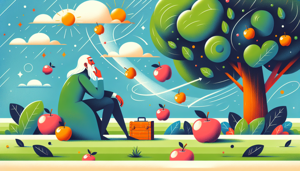 Create a modern and colorful image illustrating the story of a historical figure known for the discovery of gravity. Show classified intellectual ventures like he sitting under an apple tree, observing a falling apple, and contemplating the forces of nature. No text should be included in the image.