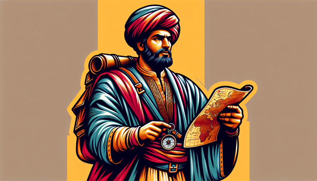 An image of a highly admired explorer, depicted in a modern and colorful style. The explorer is outfitted with a traditional attire including a turban and robe, characteristic of 14th Century North Africa. He holds a map in one hand and a compass in the other, ready to embark on his next journey. His gaze is set towards the horizon, symbolizing his undying spirit of discovery.