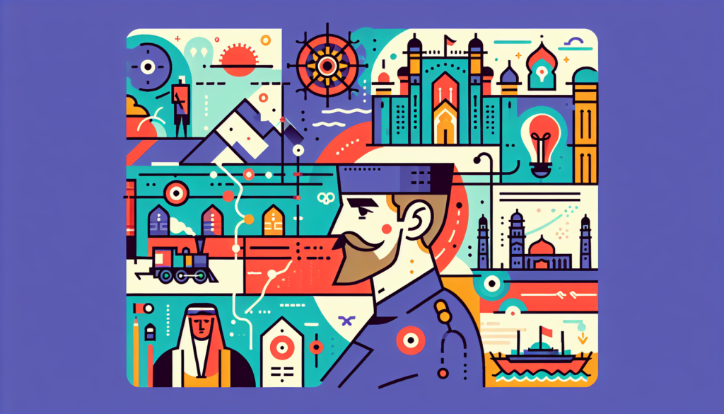 Create a colorful, modern-style illustration that visually depicts the life and works of a renowned historical figure. Avoid using any text. Focus on key events and achievements without revealing the exact identity of the individual. Feature an individual who is male and has Middle-Eastern descent.