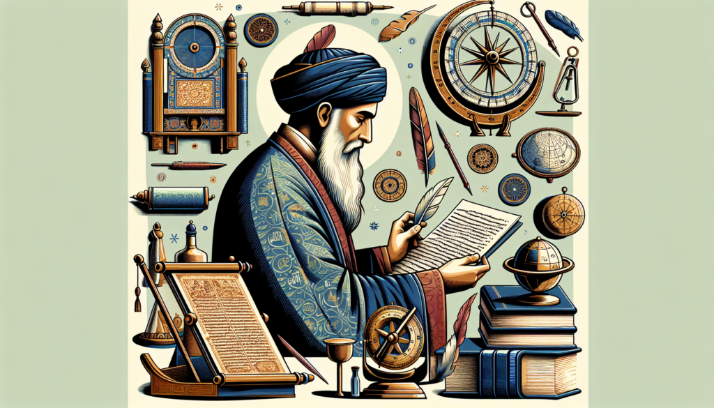 Create a modern and colorful illustration of a non-specific medieval philosopher and physician, dressed in traditional Middle Eastern attire from the golden age of Islamic civilizations. He should be engaging in the act of studying or writing, surrounded by vintage medical and philosophical tools such as scrolls, antique books, an astrolabe, and a quill. The image should not contain any text.