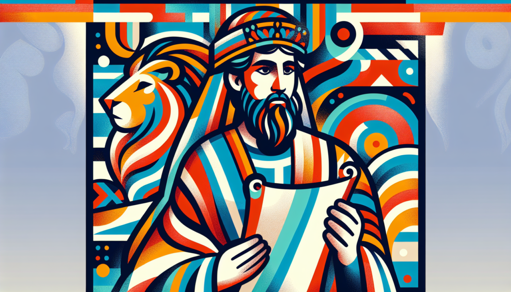 Colorful, modern illustration of a historical figure known as the Prophet Daniel, depicted with traditional clothing according to interpretations of religious texts. He could be seen holding a scroll, possibly with the lion's den, a well-known story associated with him, subtly incorporated into the background.