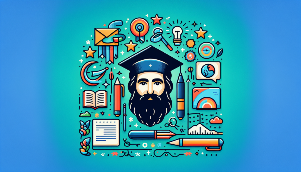 Create a modern and colorful illustration depicting the biography and achievements of a notable Middle Eastern figure, without any text. Include symbolic elements such as a pen for writing, a graduation cap for education, and multiple stars for achievements.