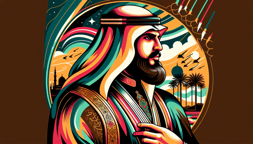 Create a modern, colorful illustration of a prominent historical figure from early Islamic history, dressed in traditional Arabian attire