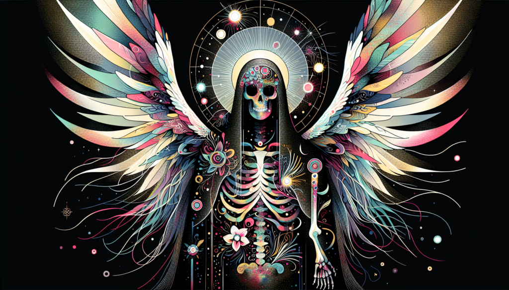 Illustration of a modern interpretation of Azrael, known as the Angel of Death in Islamic traditions. The figure should be adorned with ethereal, colorful, yet mysterious elements, visualizing the diversity of life and inevitable finality. Please avoid depiction of explicit religious symbols. The style should be explicitly modern, evoking a sense of progression and reverence.