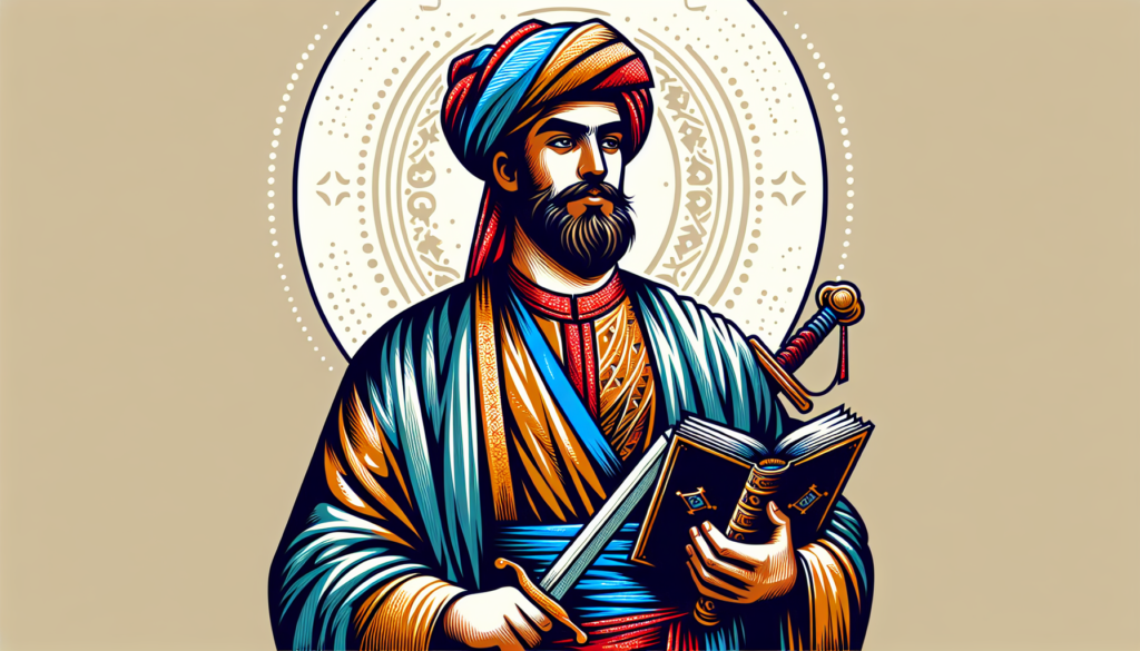 An illustration using modern and colorful art of a historical figure, who is portrayed as a man of Middle Eastern descent wearing traditional attire associated with the 7th century Hejaz. He is drawn holding a book symbolizing wisdom, with a sword that indicates valor, and a peaceful expression on his face suggesting his reputation for justice.