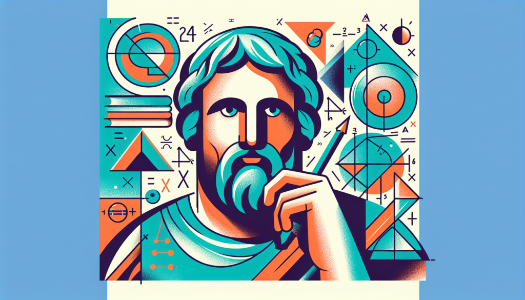 Create a colorful, modern illustration representing Pythagoras: a Greek mathematician. No words, just a vibrant depiction. The image should subtly hint at mathematics with elements such as equations, geometric shapes, or the famous Pythagorean Theorem. Pythagoras should be shown as thoughtful and engaged in his mathematical studies.