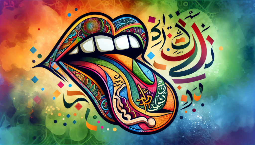 A modern, colorful illustration representing the symbolic figure of 'Lisan Al-Arab', the tongue of Arabs. Depict this entity as a stylized and vibrant tongue-shaped object embellished with Arabic inscriptions in attractive colors. Make the background lively, radiant, and creative, nodding to the rich and diverse Arabic language and culture.