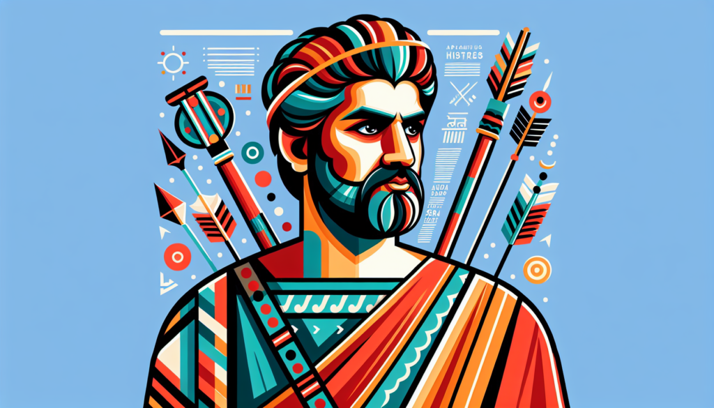 Illustration of a historic figure, widely known as an important ruler and strategy planner from ancient times. He is depicted wearing traditional attire, with important attributes symbolic of his leadership. The style is modern and colorful, making use of vibrant hues and sharp lines. Do note, this is not an exact historical representation, but a creative interpretation that is meant to evoke the spirit and significance of such figures.