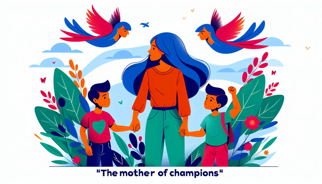 Illustrate the story of a mother who is known as 'The Mother of Champions'. She is recognized for raising fearless and valiant children. It should be a colourful and modern image with no text.