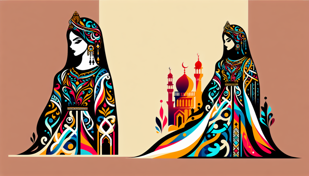 Create a modern colourful illustration of an Arabic queen in traditional attire, without using words