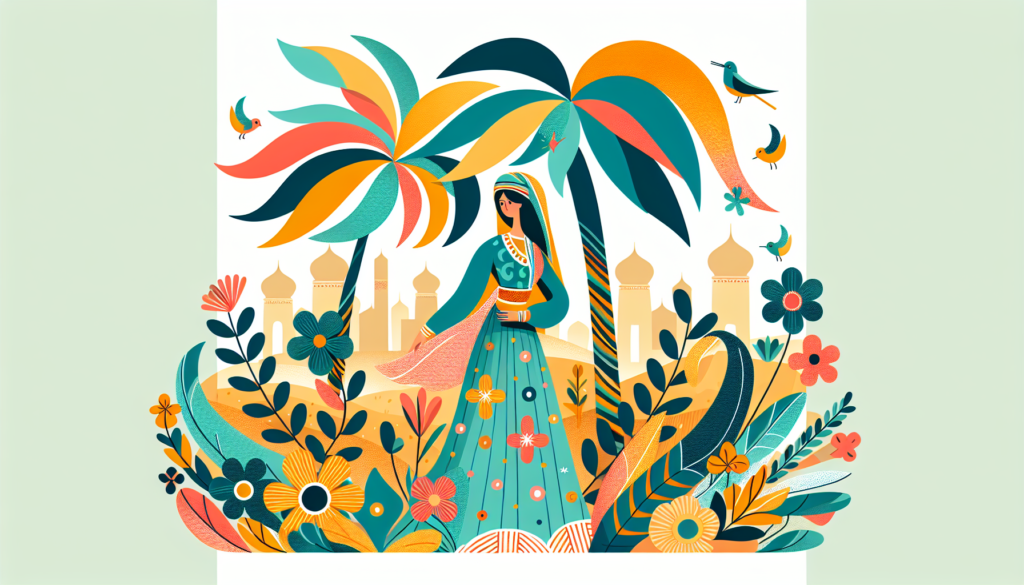 Illustration of a playfully colourful and modern depiction of a historical Arabian woman, dressed in traditional Arabian clothing. She is standing under the palm trees, with the desert landscape in the background. This scene is surrounded by the beauty of the Arabian world, full of fragrant flowers and lovely birds. Use abstract patterns to convey the spirit and vibrance of her personality.